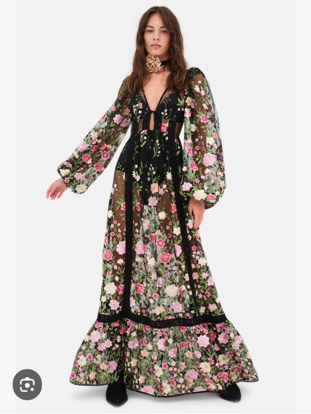 For Love & Lemons Style Embroidered Floral Sheer Maxi Dress Black Small